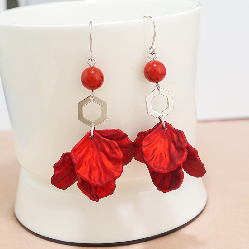 Red Petal Design Women Sterling Silver Dangle Earrings