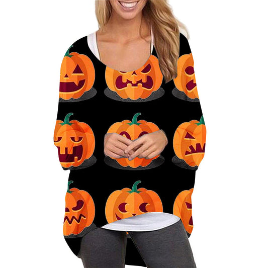 Women Halloween Pumpkin Print Long Sleeves Tops-STYLEGOING