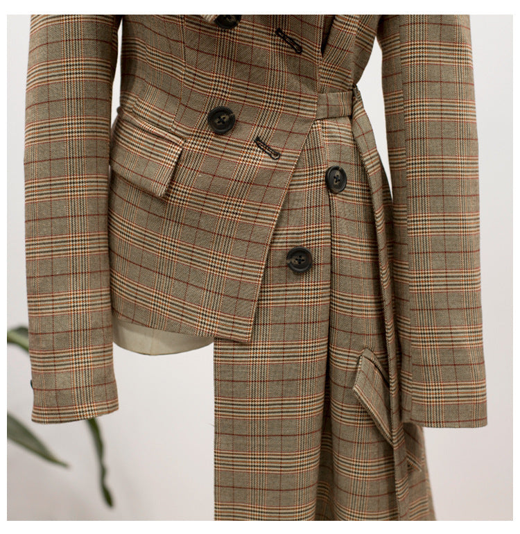 Luxury Off The Shoulder Plaid Irregular Blazer Overcoat