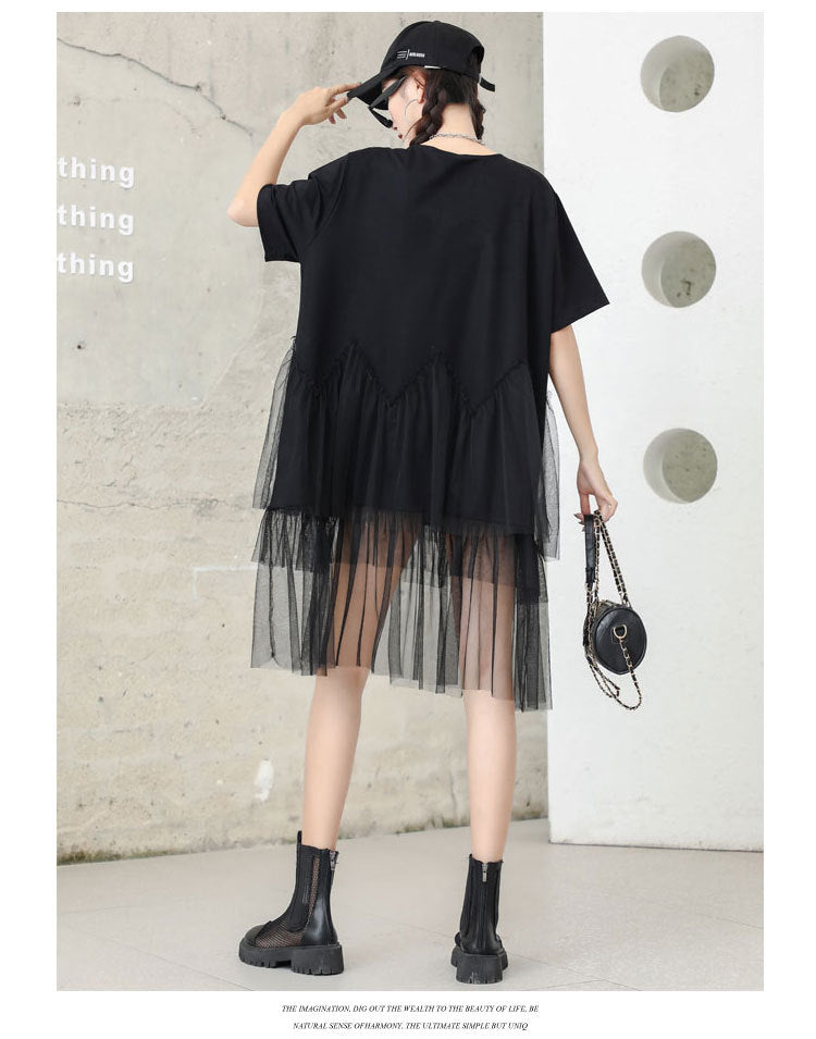 Cat Designed Tulle Loose Summer Black Midi Dresses