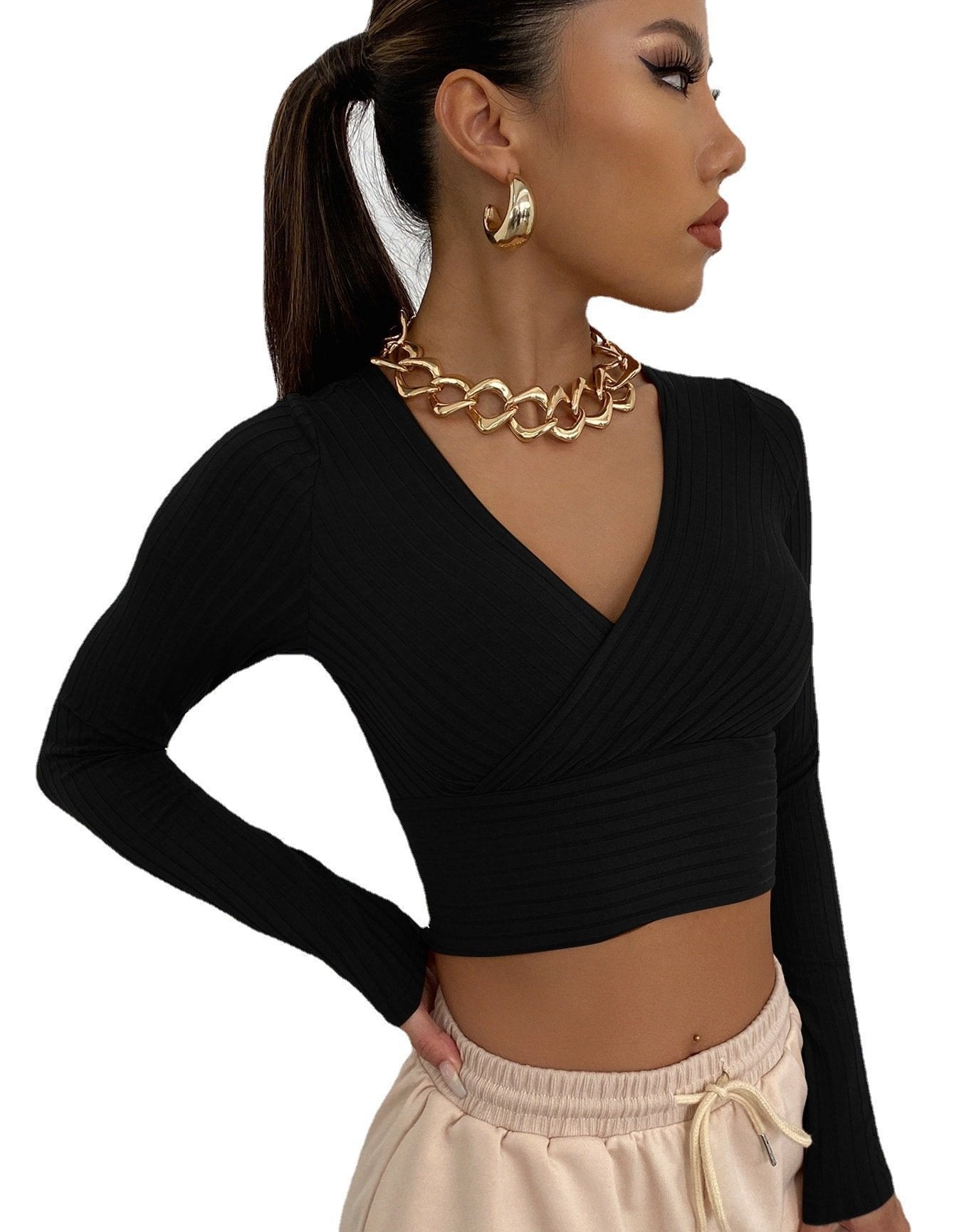 Sexy Deep V Neck Long Sleeves Women Short Tops--Free Shipping at meselling99