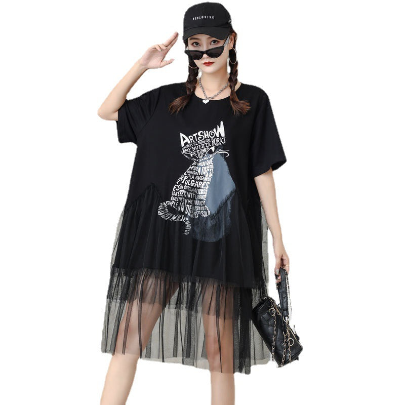 Cat Designed Tulle Loose Summer Black Midi Dresses