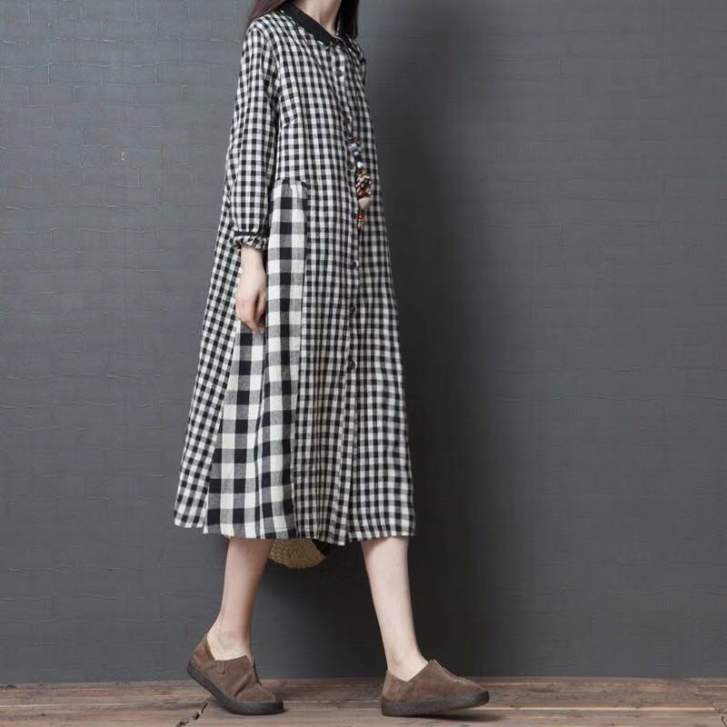 Vintage Plaid Long Sleeves Midi Dresses