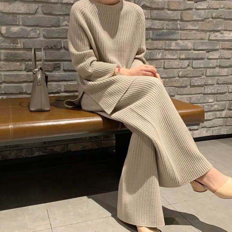 Fall Knitting Pullover Sweaters & Wide Legs Pants Suits