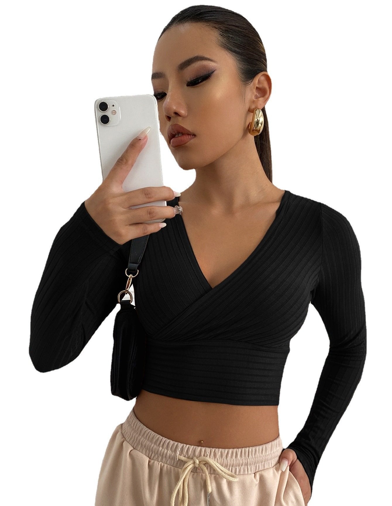 Sexy Deep V Neck Long Sleeves Women Short Tops--Free Shipping at meselling99