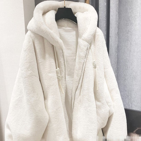 White Warm Winter Artificial Fur Casual Overcoat for Women