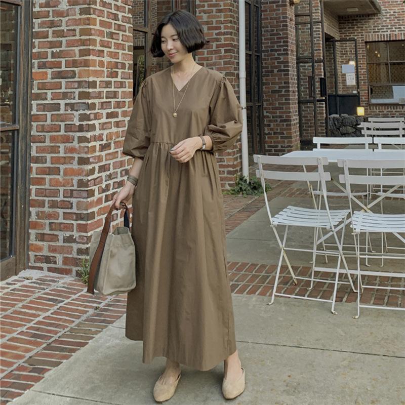 Casual Vintage Women Latern Sleeves Fall Long Dress-STYLEGOING