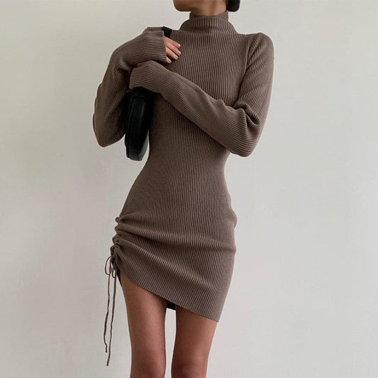 Sexy Women High Neck Drawstring Bodycon Fall Short Dresses