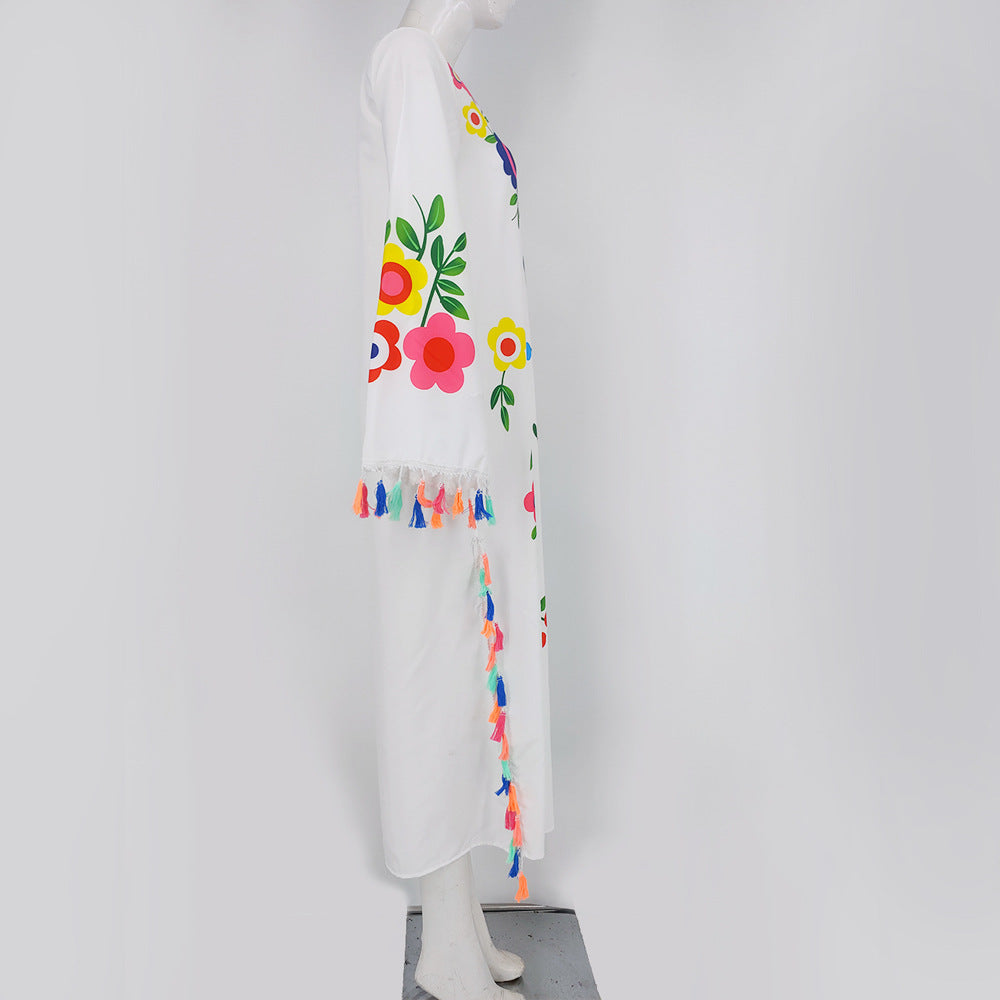 White Floral Print Split Front Boho Long Dresses
