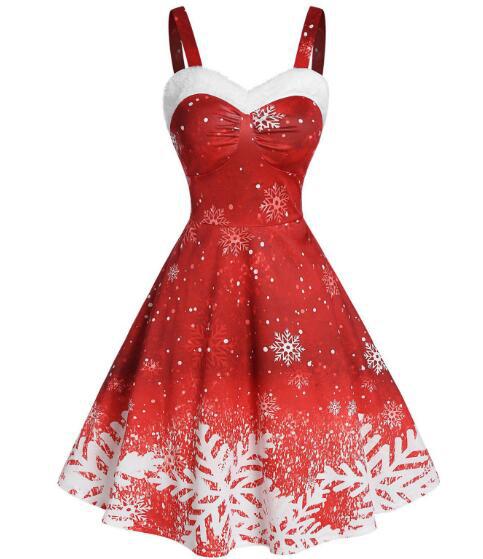 Merry Christmas Suspender Straps Snowflake Women Dresses