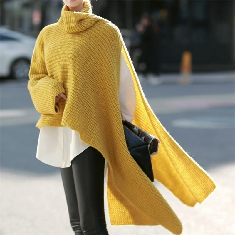 Women High Neck Long Sleeves Knitting Pullover Coats-Yellow-S-Free Shipping at meselling99