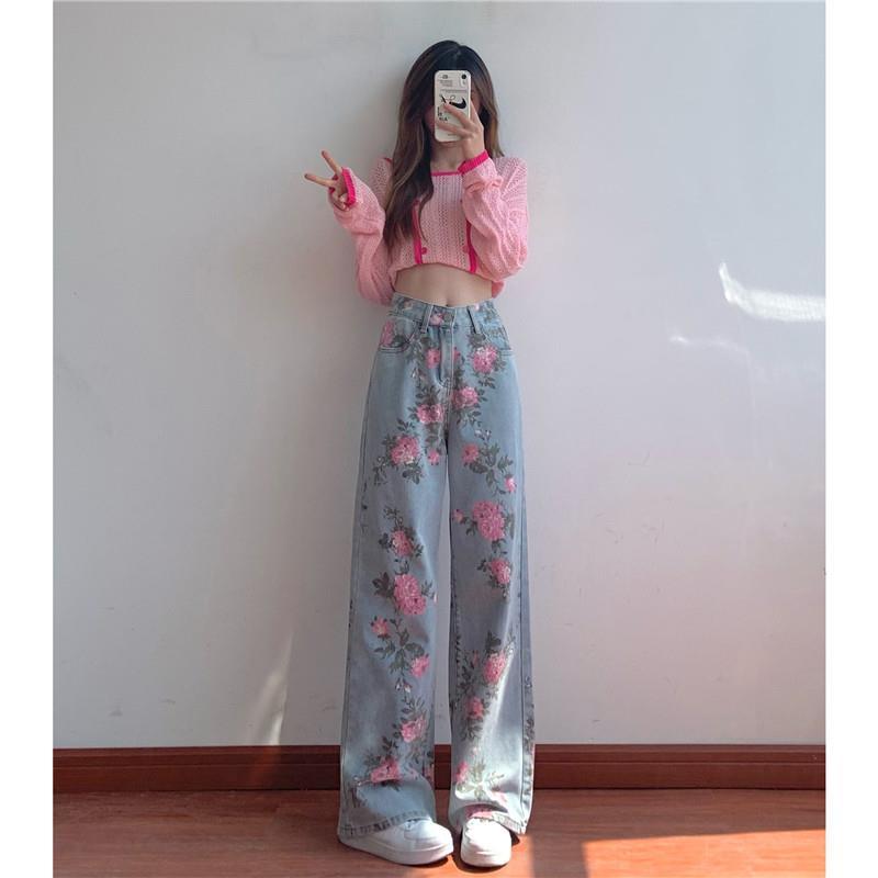 Vintage Rose Designed High Waist Straight Pants for Women