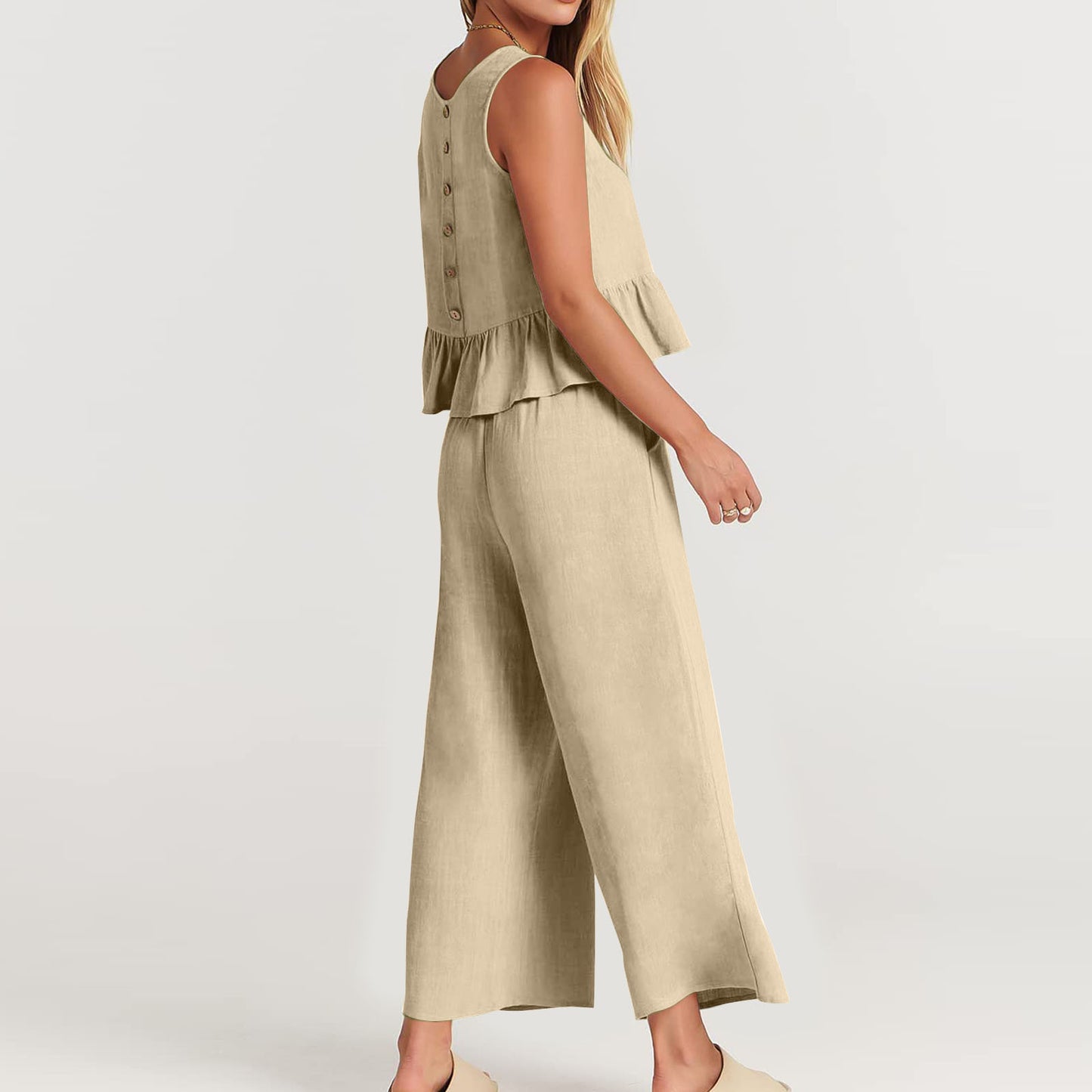 Summer Sleeveless Linen Two Pieces Women Suits