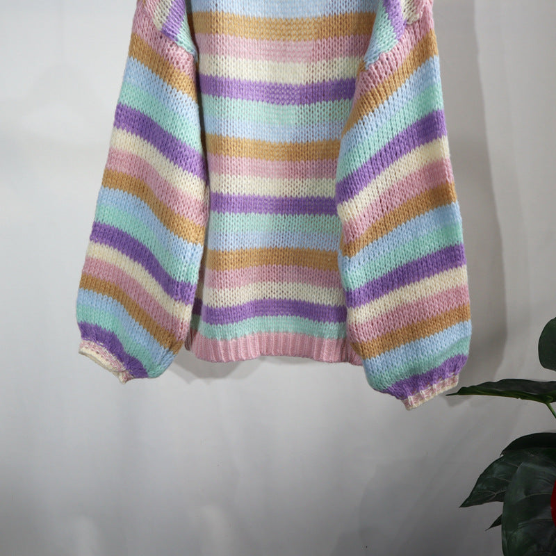 Colorful Striped Women Knitted Cardigan Outerwear