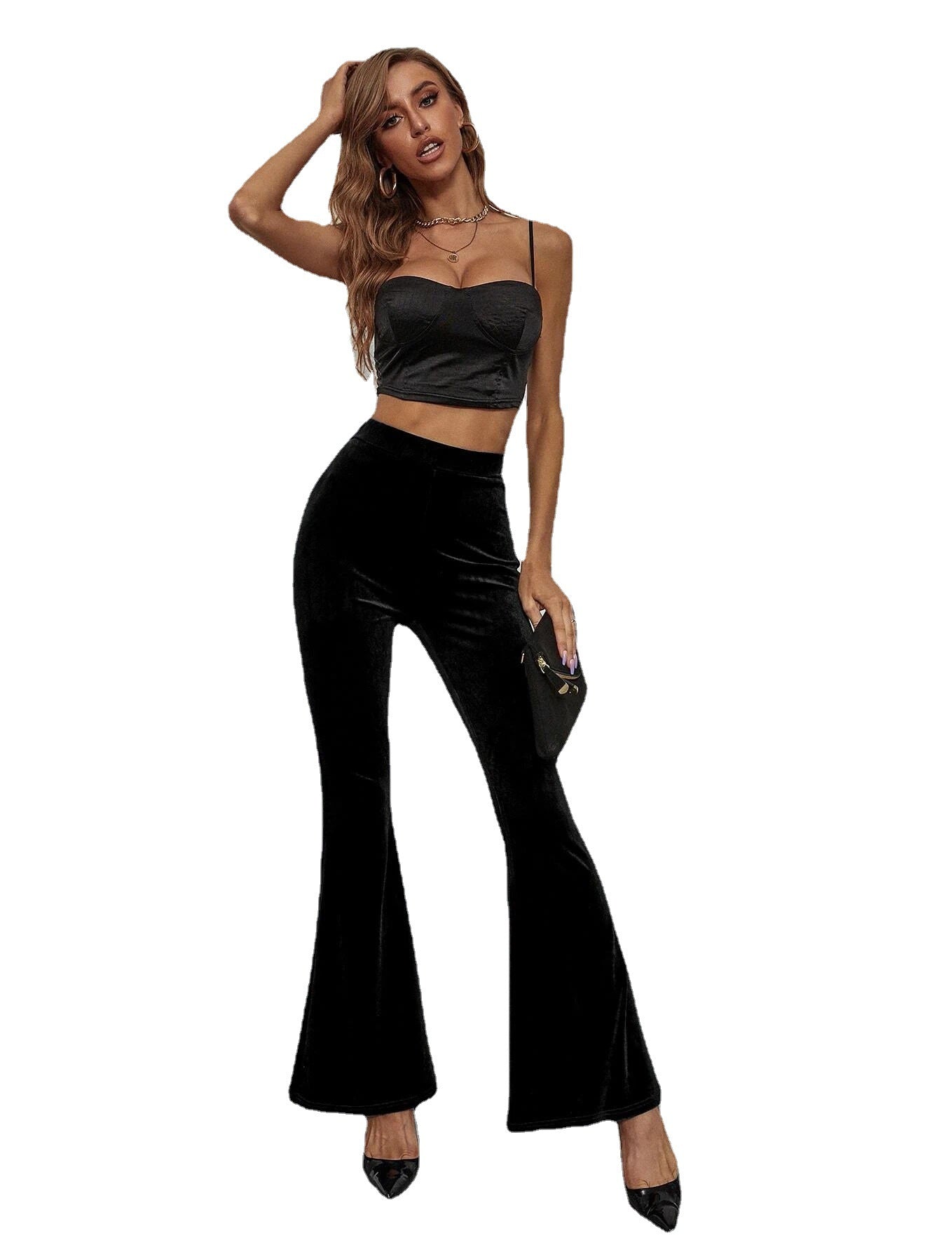 Sexy High Waist Velvet Black Trumpet Pants