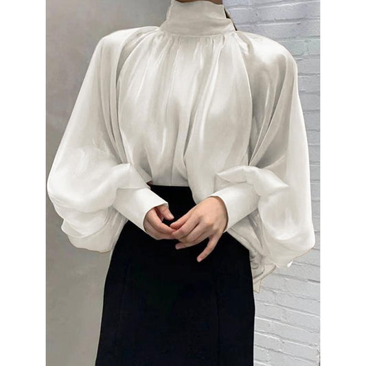 Black and White High Neck Women Long Sleeves Shirts