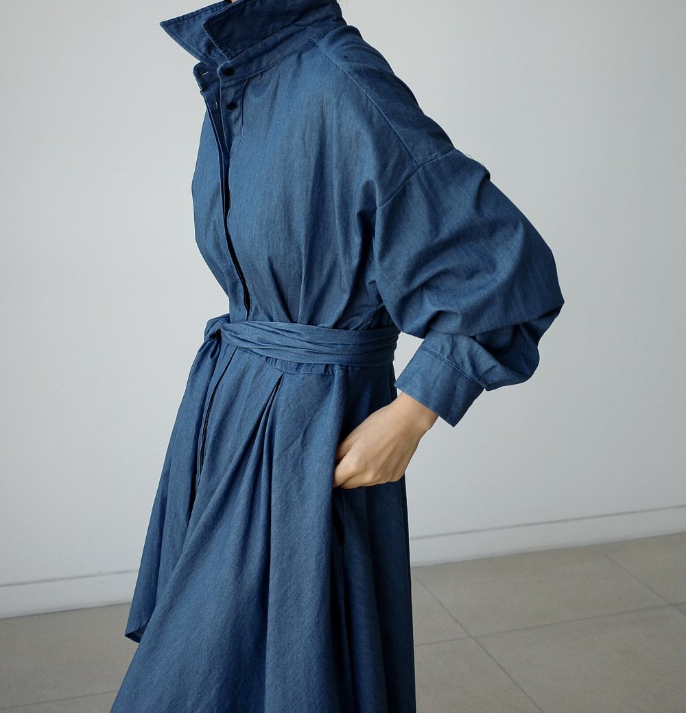 Blue Long Sleeve Loose Demin Shirts Maxi Dresses-STYLEGOING