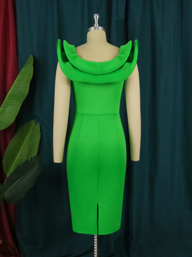 Green V Neck Ruffled High Waist Party Dresses