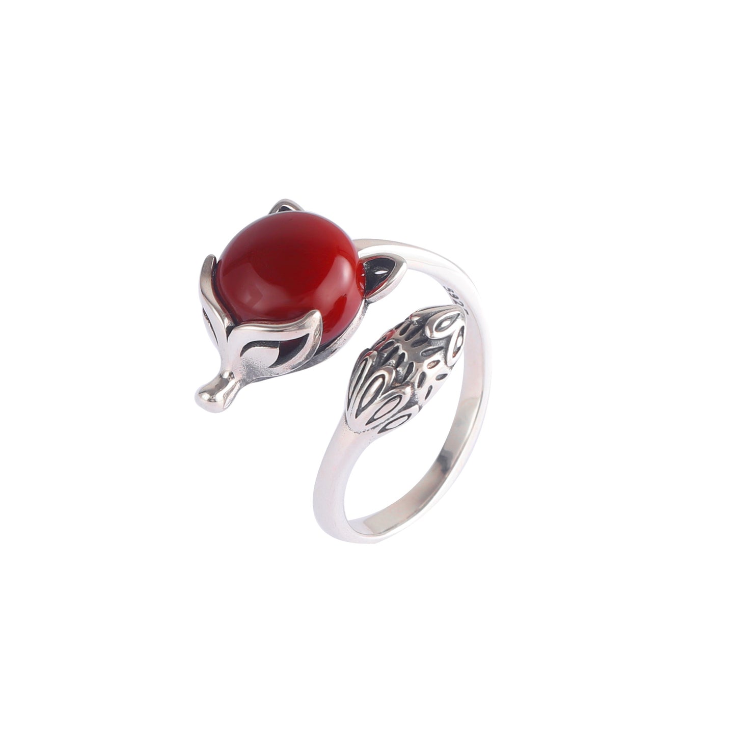 Antique Red Agate Fox Design Sliver Rings for Women