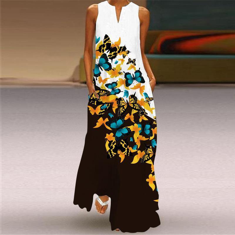 Floral Print V-neck Summer Maxi Dresses-STYLEGOING