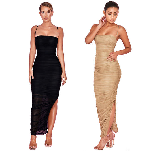 Sexy Split Front Pleated Long Party Dresses