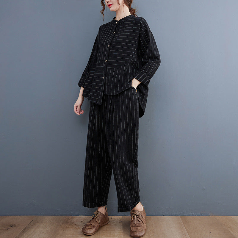 Vintage Striped Linen Plus Sizes Two Pieces Suits