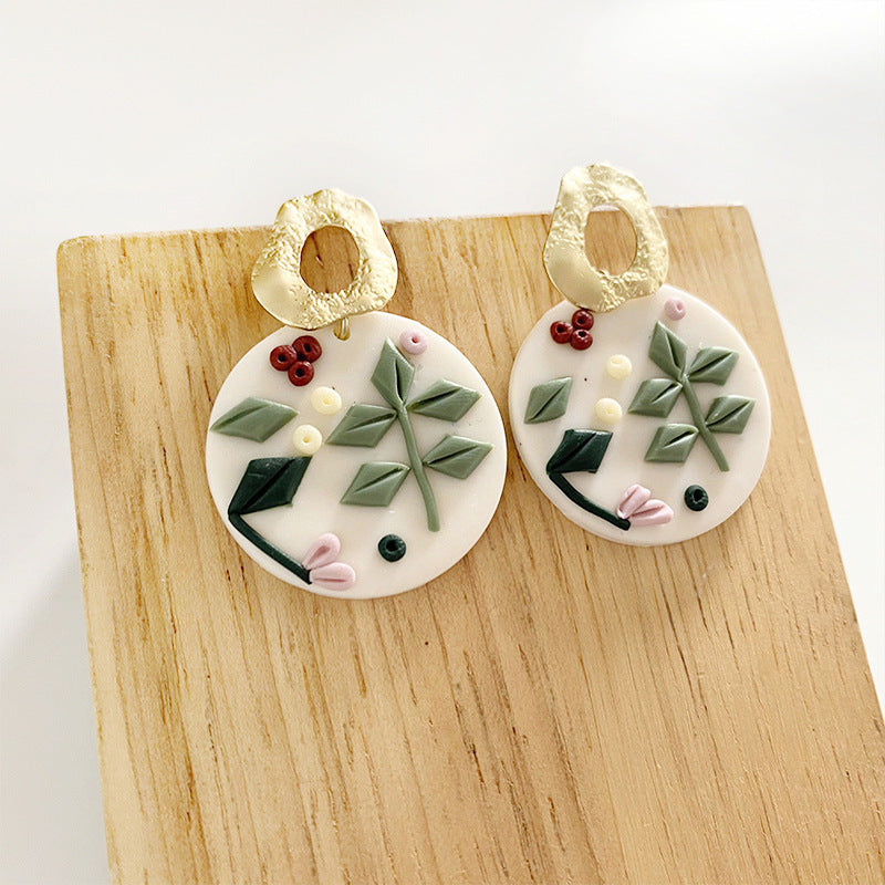 Engraved Flowers Handmade Clay Earrings for Women