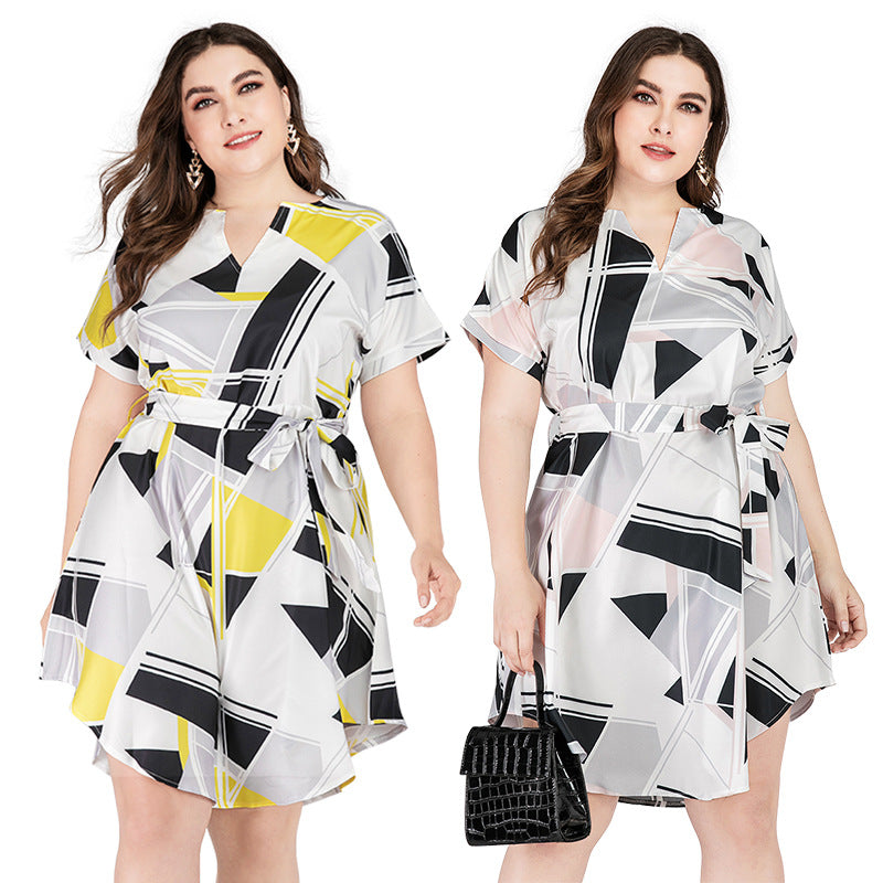 Summer Geometry Print Short Sleeves Plus Sizes Dresses