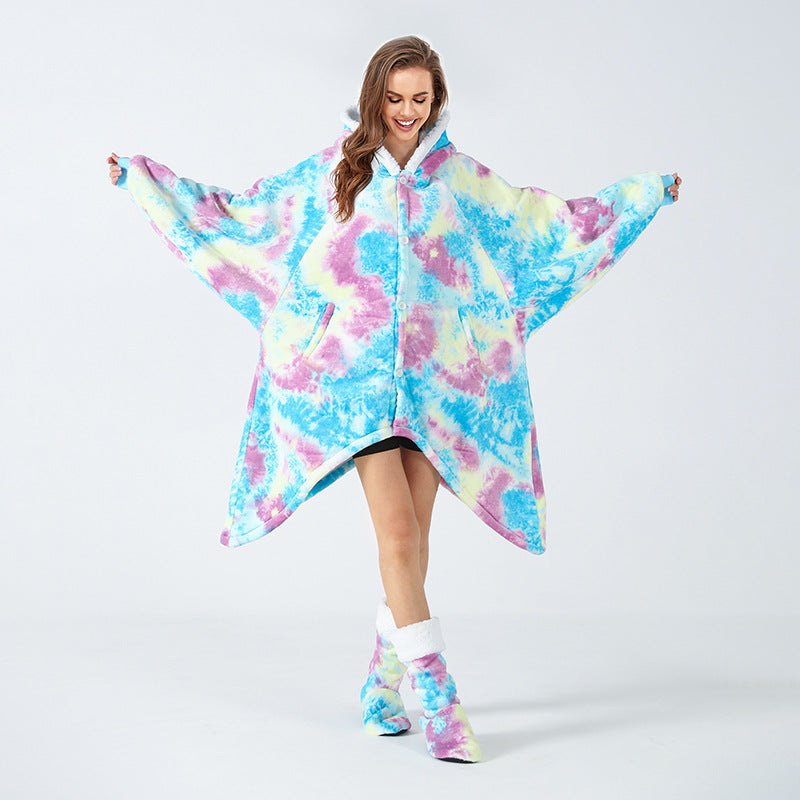 Dyed Lazy Wearable Fleece Throw Blanket Cape with Socks