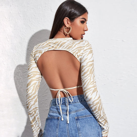 Sexy Backless Lace Up Long Sleeves Short Tops