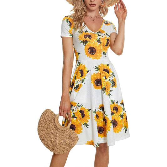Casual Summer Sunflower Print Daily Women Sun Dresses