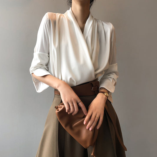 Elegant Satin Long Sleeves Office Lady Shirts
