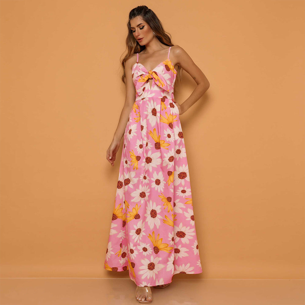 Women Summer High Waist Sunflower Long Maxi Dresses