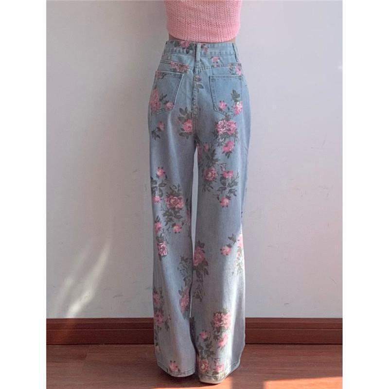 Vintage Rose Designed High Waist Straight Pants for Women