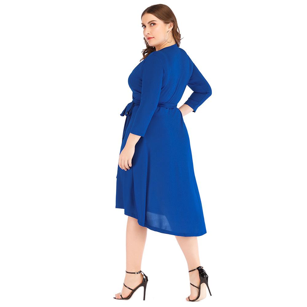 Plus Sizes V Neck Blue Women Fall Dresses-STYLEGOING