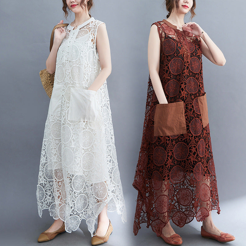 Vintage Lace Embroidery Sleeveless Two Pieces Dresses