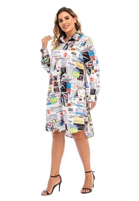 Women Newspaper Print Plus Sizes Short Shirt Dresses--Free Shipping at meselling99