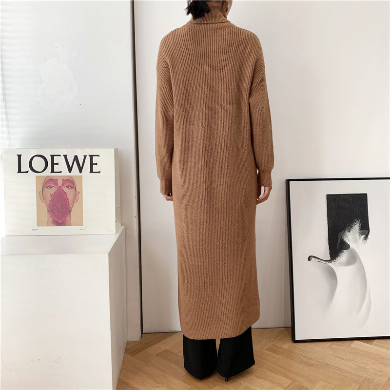 Designed High Neck Split Knitted Pullover Long Dresses