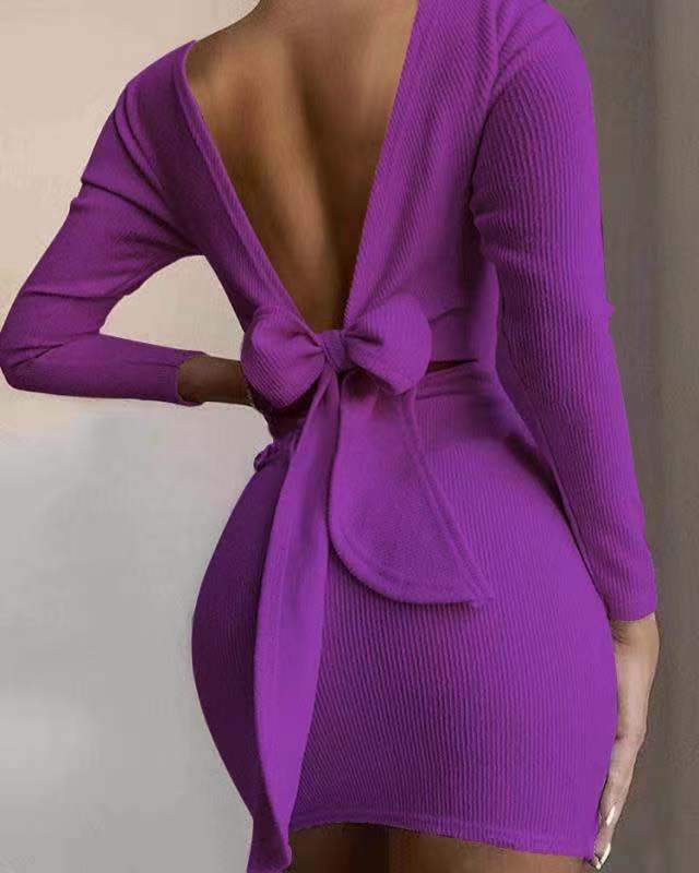 Sexy Bowknot Backless Knitting Mini Dresses-Purple-S-Free Shipping at meselling99
