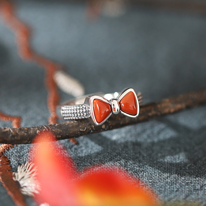 Bow Design Red Agate Sterling Silver Vintage Rings