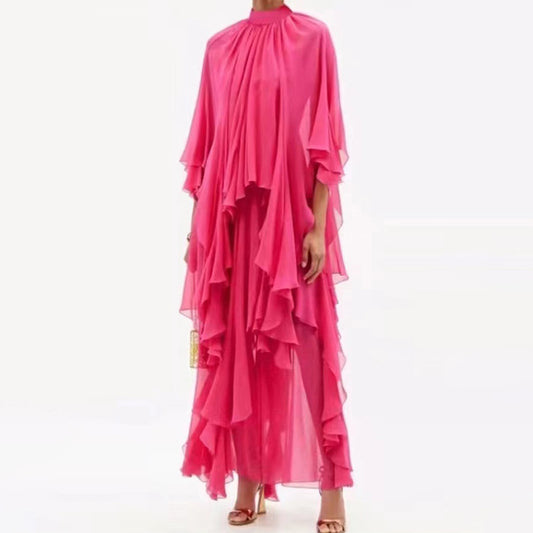 Chiffon High Neck Ruffle Women Long Holiday Dresses