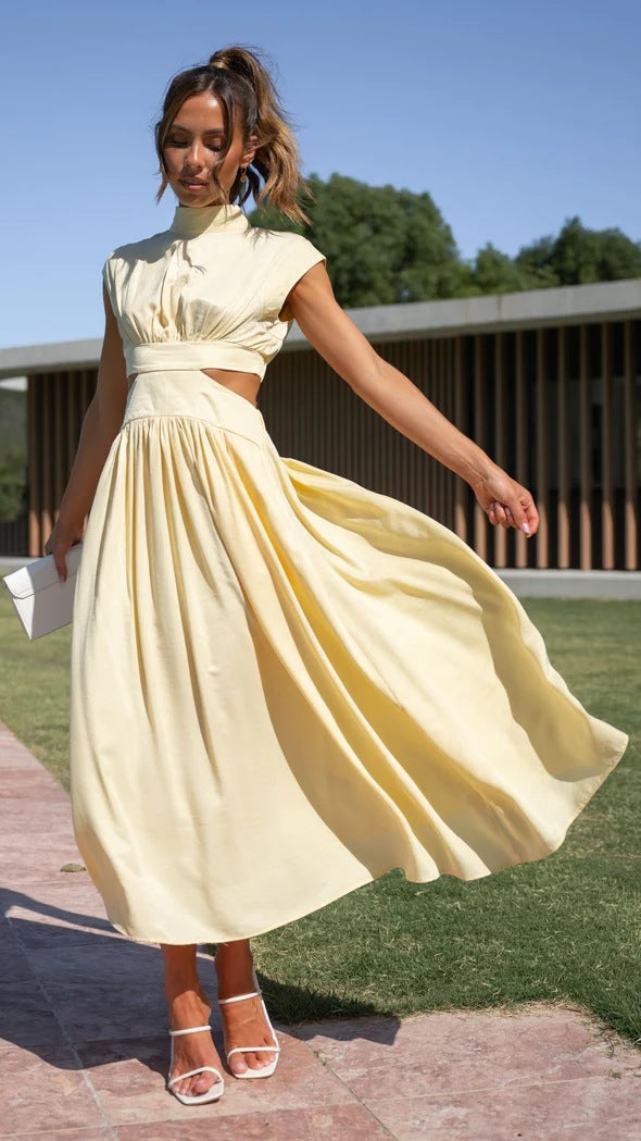 Fashion Stand Collar Waist Baring Summer Long Dresses