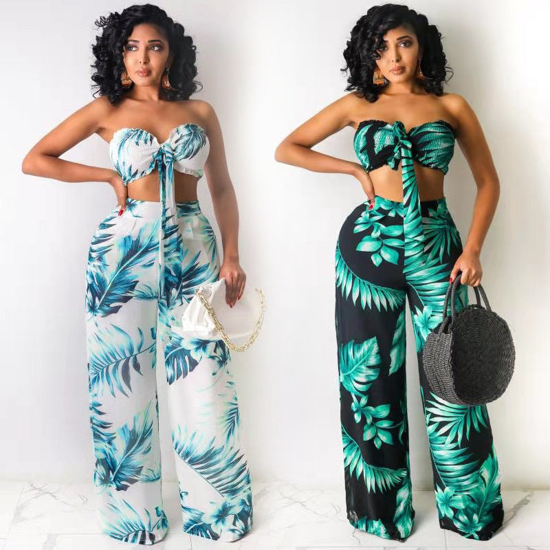 Summer Sexy Leaf Print Two Pieces Suits