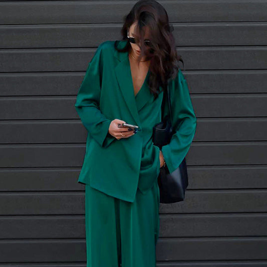 Casual Long Sleeves Blazers and Pants Green Fall Outsuits