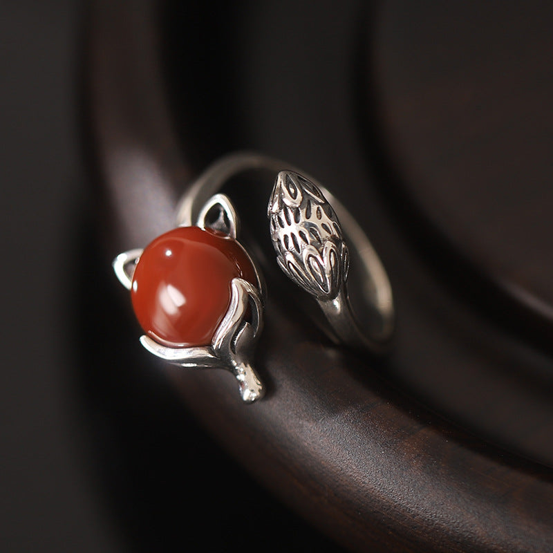 Antique Red Agate Fox Design Sliver Rings for Women