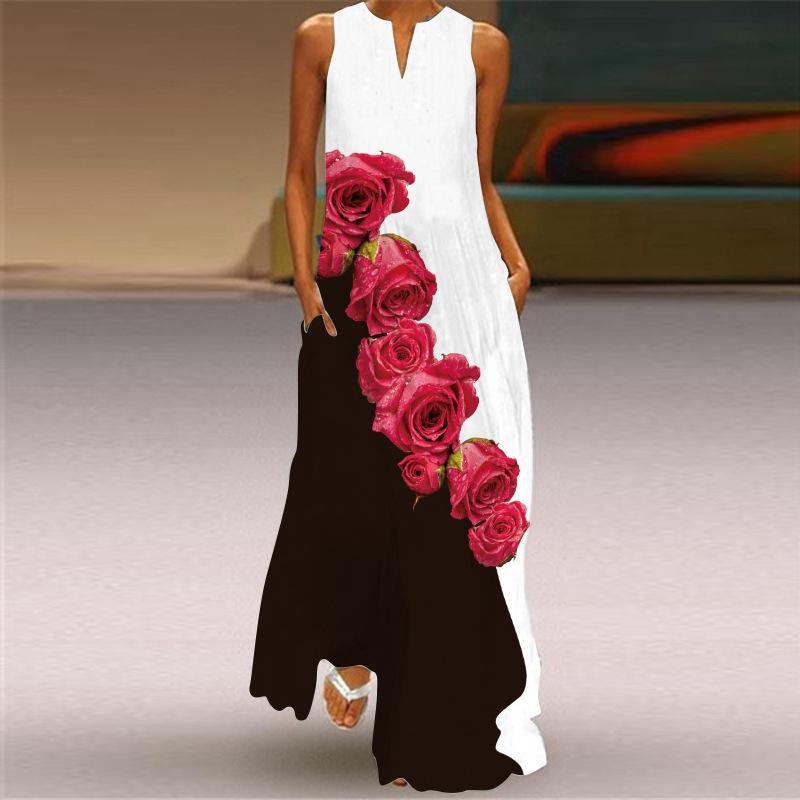 Sleeveless Floral Print Summer Long Dresses-STYLEGOING