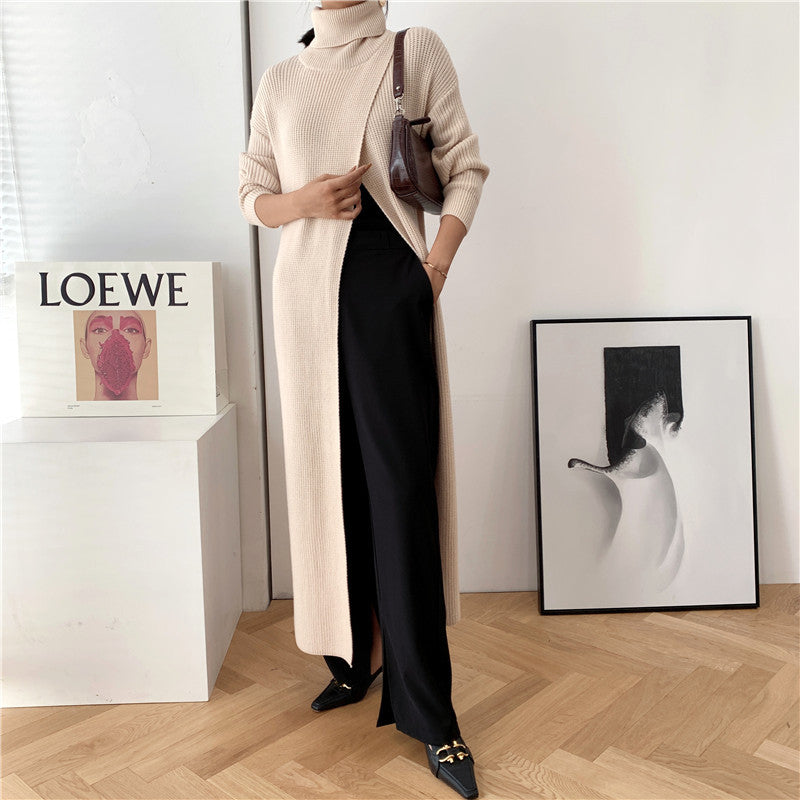 Designed High Neck Split Knitted Pullover Long Dresses