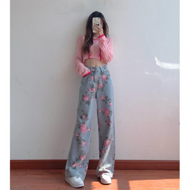 Vintage Rose Designed High Waist Straight Pants for Women