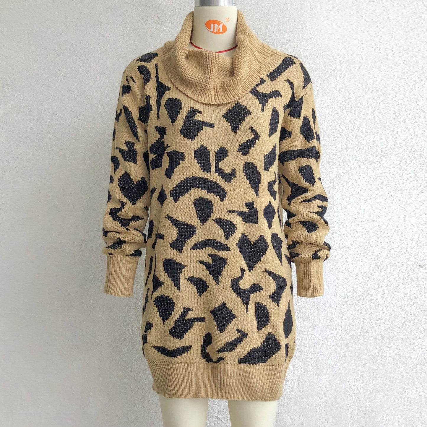 Leopard Turtleneck Knitting Sweater Dresses for Women