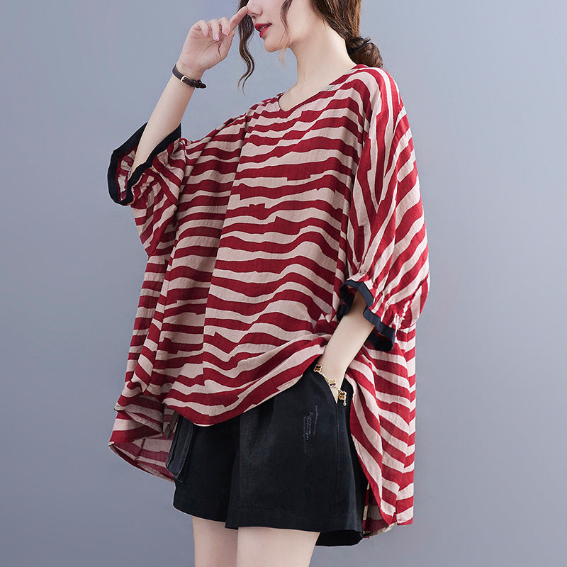 Casual Striped Summer Women Bat T Shirts and Shorts